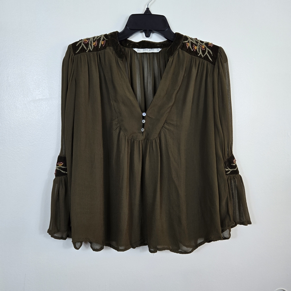 Zara Womens Olive Chiffon Embroidered Beaded Velvet Peasant Blouse Small Boho